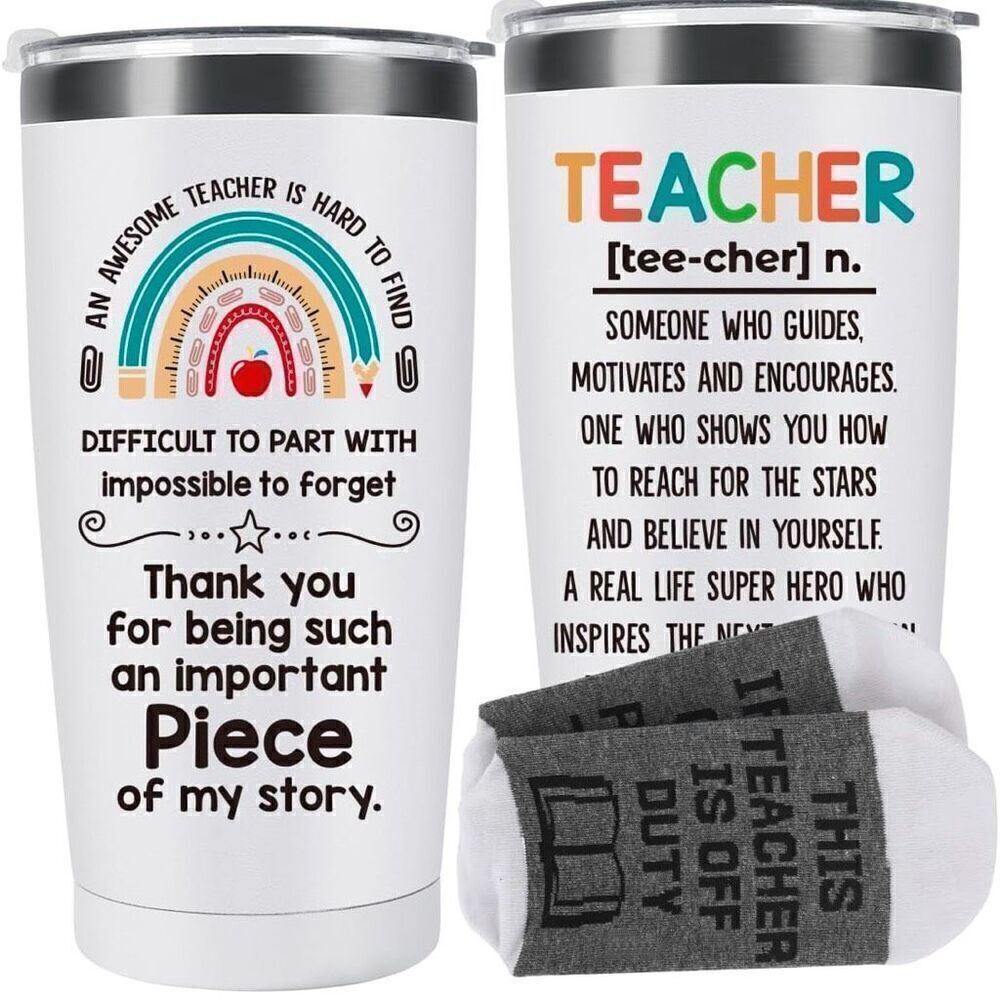 Teacher Definition White 20oz Insulated Tumbler & Sock Set New